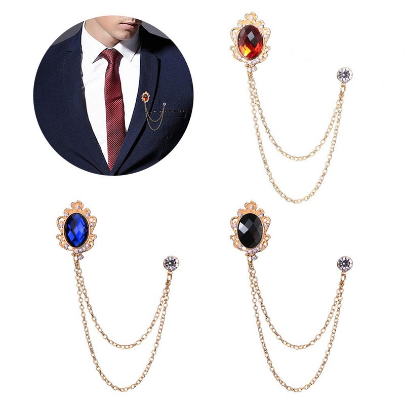 Huture 3 Packs Men's Gem Brooch Lapel Pin Badge Hanging Chains Collar Brooches Pin for Career Suit Tuxedo of Shirts Tie Hat Scarf for Boyfriend Father Birthday Holiday Gift Black/Red/Blue - Image 1